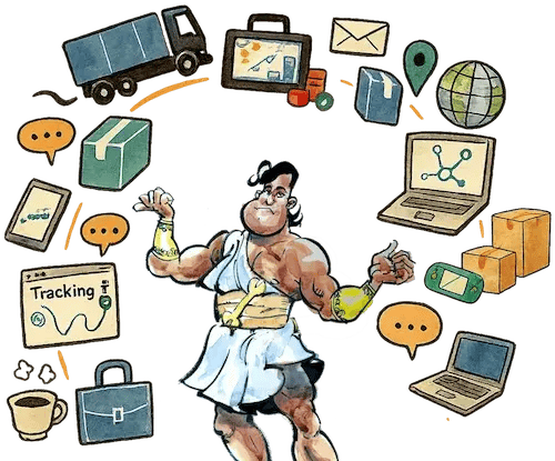 The image depicts a muscular character in a white toga, surrounded by various office-related items such as a truck, briefcase, coffee cup, laptop, globe, and charts, with speech bubbles indicating a tracking system.