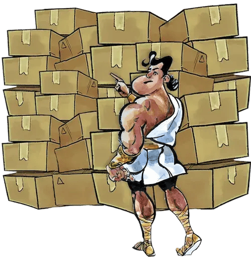 The image depicts a cartoon character resembling a sumo wrestler, wearing traditional sumo attire, standing confidently with one arm raised as if gesturing. The character is surrounded by a large number of cardboard boxes stacked behind him.