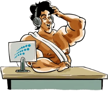 The image depicts a cartoon character with a muscular build, sitting at a desk with a computer monitor that displays Freightzy logo.