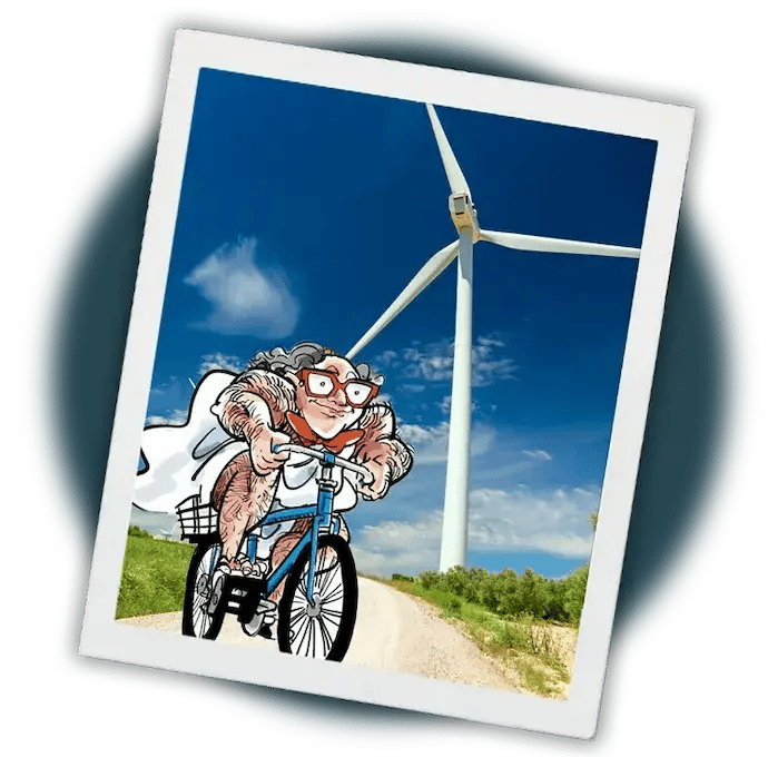 In the background, there are large wind turbines against a bright blue sky with some clouds, emphasizing a theme of renewable energy and environmental awareness. The playful illustration style contrasts with the serene natural setting.