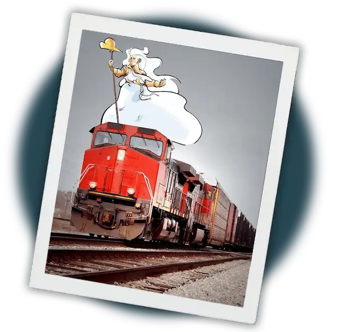The whimsical character holds a staff while standing on top of the train, adding a fantastical element to the scene. The overall composition combines realistic and animated styles, creating a playful juxtaposition between the train and the character.