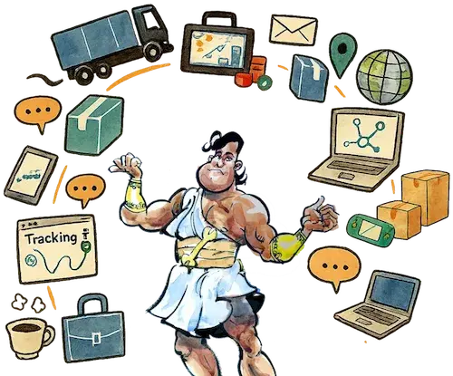 The image depicts a muscular character in a white toga, surrounded by various office-related items such as a truck, briefcase, coffee cup, laptop, globe, and charts, with speech bubbles indicating a tracking system.