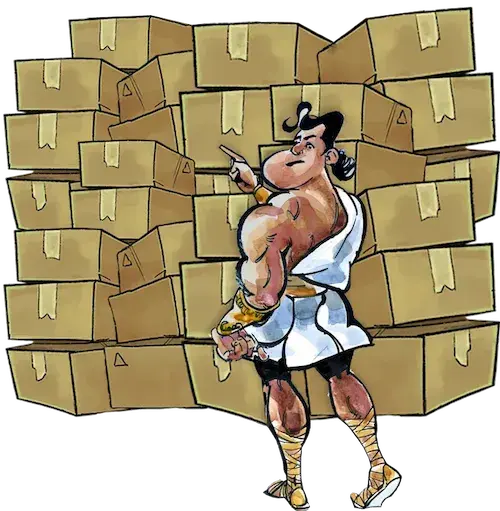 The image depicts a cartoon character resembling a sumo wrestler, wearing traditional sumo attire, standing confidently with one arm raised as if gesturing. The character is surrounded by a large number of cardboard boxes stacked behind him.