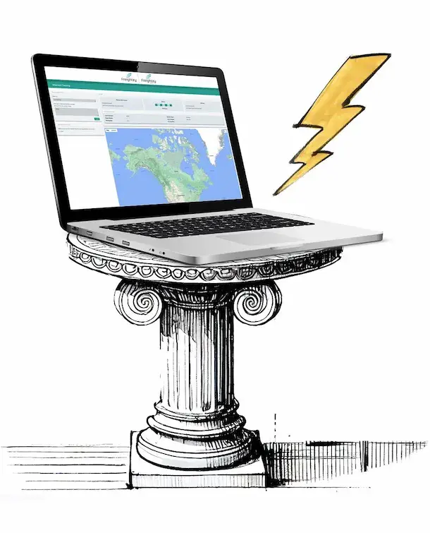 The image depicts a laptop computer with a map application open on its screen and a Freightzy logo, sitting on a pedestal that resembles an ancient Greek column. To the right of the laptop, there is a graphic of a yellow lightning bolt, adding a dynamic element to the composition.