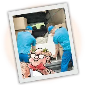 Two men in blue shirts and caps unloading a car. The car is shown with its back door open. The environment looks like an outdoor or semi-outdoor area with grass visible in the background.