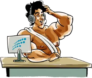 The image depicts a cartoon character with a muscular build, sitting at a desk with a computer monitor that displays Freightzy logo.