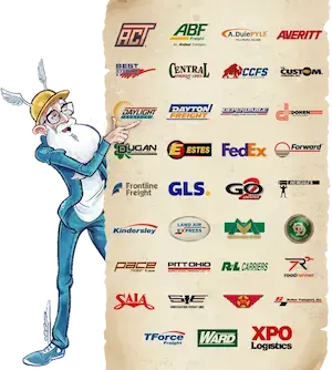 A whimsical character, pointing at a collection of various transportation and logistics company logos. The character is suggesting a theme related to freight or shipping. The logos displayed represent different freight and logistics companies, highlighting the industry’s diversity.