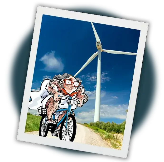 In the background, there are large wind turbines against a bright blue sky with some clouds, emphasizing a theme of renewable energy and environmental awareness. The playful illustration style contrasts with the serene natural setting.