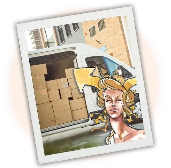 A delivery van with an open back filled with numerous cardboard boxes, suggesting a busy shipping or moving scenario. The overall composition combines realism with a creative, illustrative style.