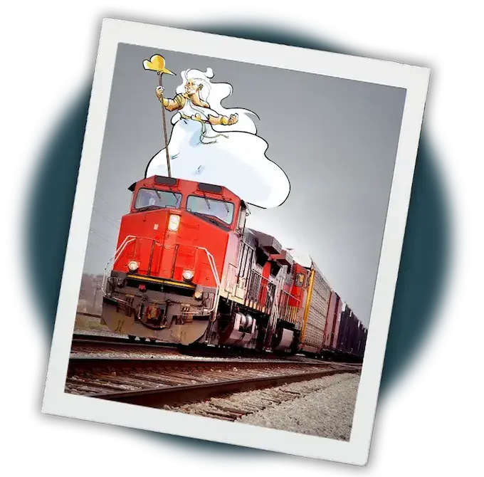 The whimsical character holds a staff while standing on top of the train, adding a fantastical element to the scene. The overall composition combines realistic and animated styles, creating a playful juxtaposition between the train and the character.