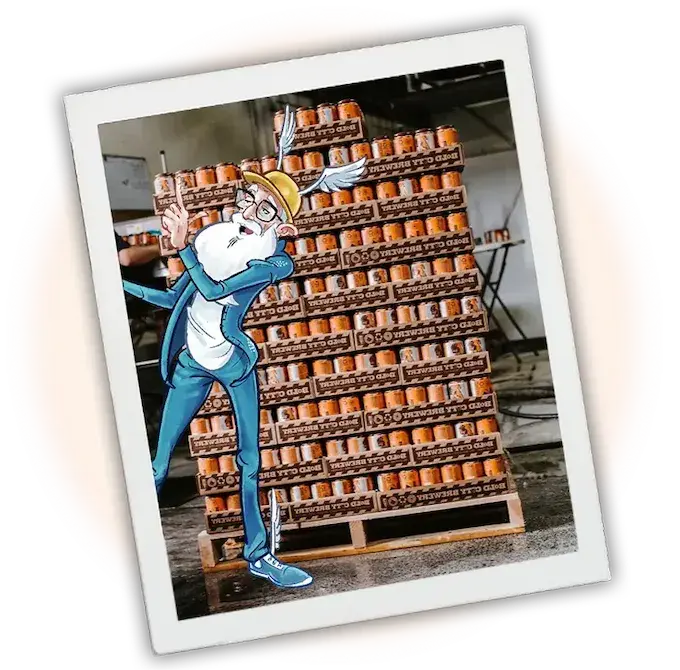 A quirky old man with a long beard and wearing a yellow hard hat, posed playfully in front of a large stack of cans. The character seems to be interacting with the cans, adding a fun and lighthearted element to the scene.