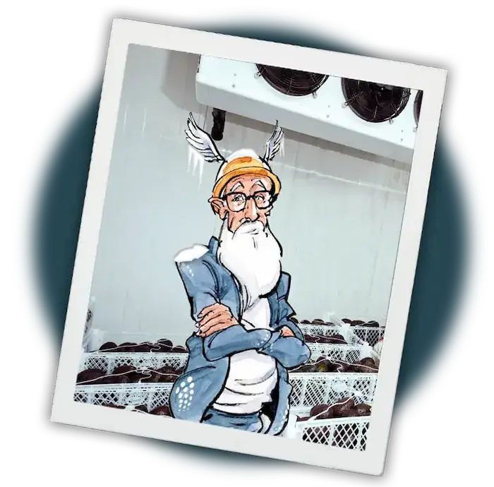 A cartoonish character stands confidently with his arms crossed in a setting that appears to be a storage area. The overall style combines a whimsical illustration with a realistic backdrop.