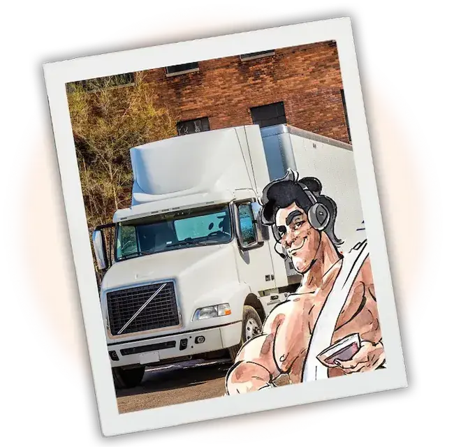 A large white truck parked in front of a brick building, with a cartoonish muscular man in headphones prominently displayed in the foreground. The contrast between the industrial setting and the playful, animated character creates a whimsical vibe.